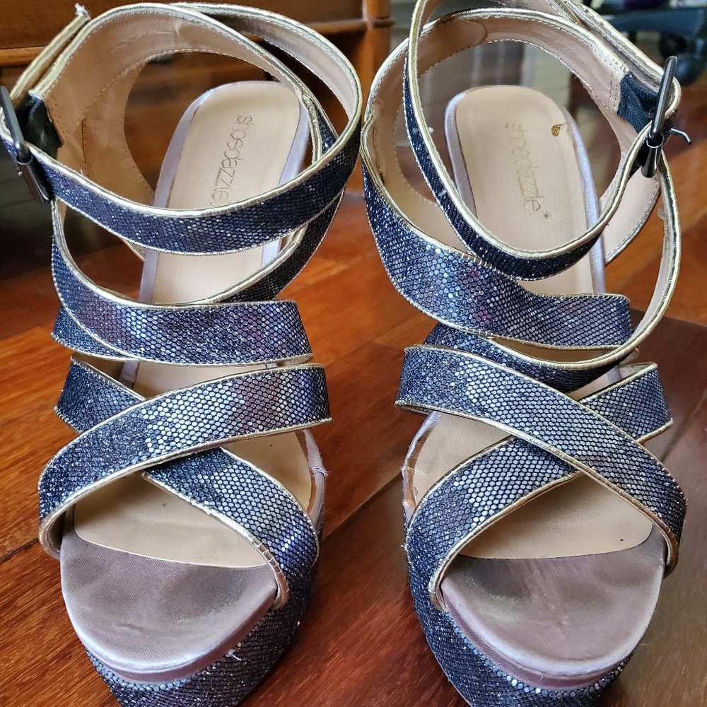 Strappy, platform heels, silver & gold, size 8.5